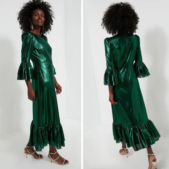 NEW Tuckernuck Dress Emerald Green Lillith Lurex Crinkle Midi Dress Size M‎ - Picture 7 of 10
